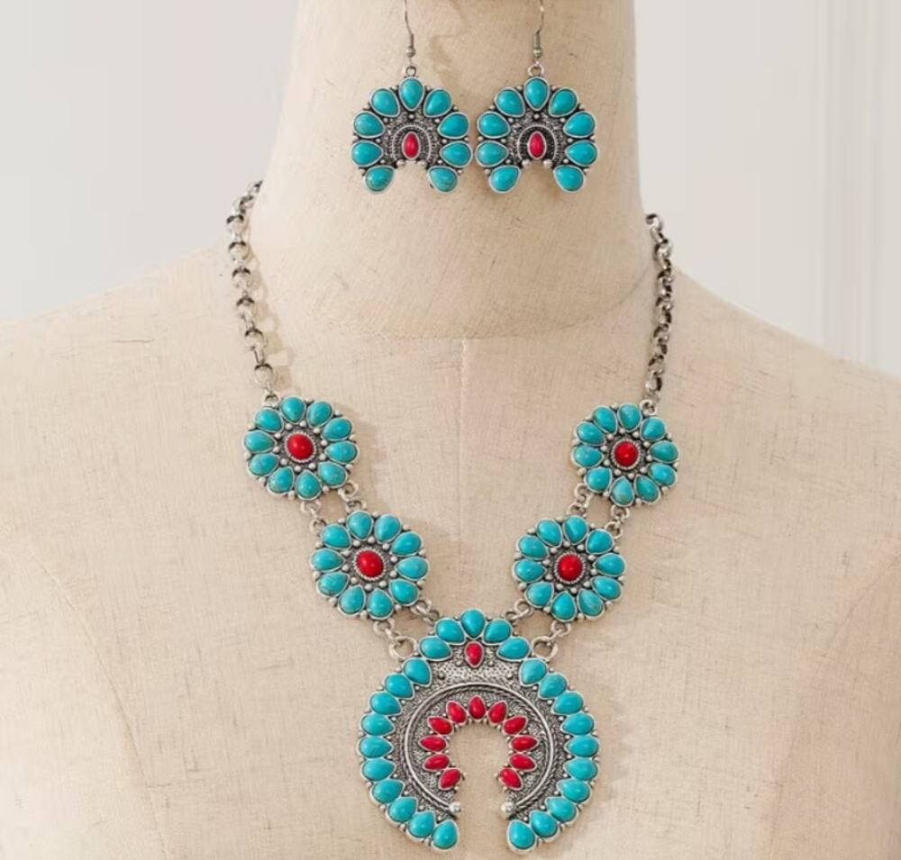 Boho Western Squash Blossom Faux Turquoise Necklace & Earrings Set